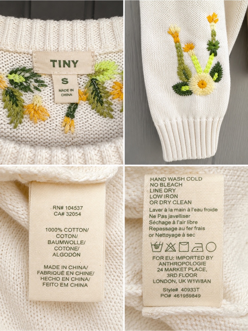 Tiny by Anthropologie Cream Sweater with Yellow & Green Floral Embroidery - Picture 5 of 5